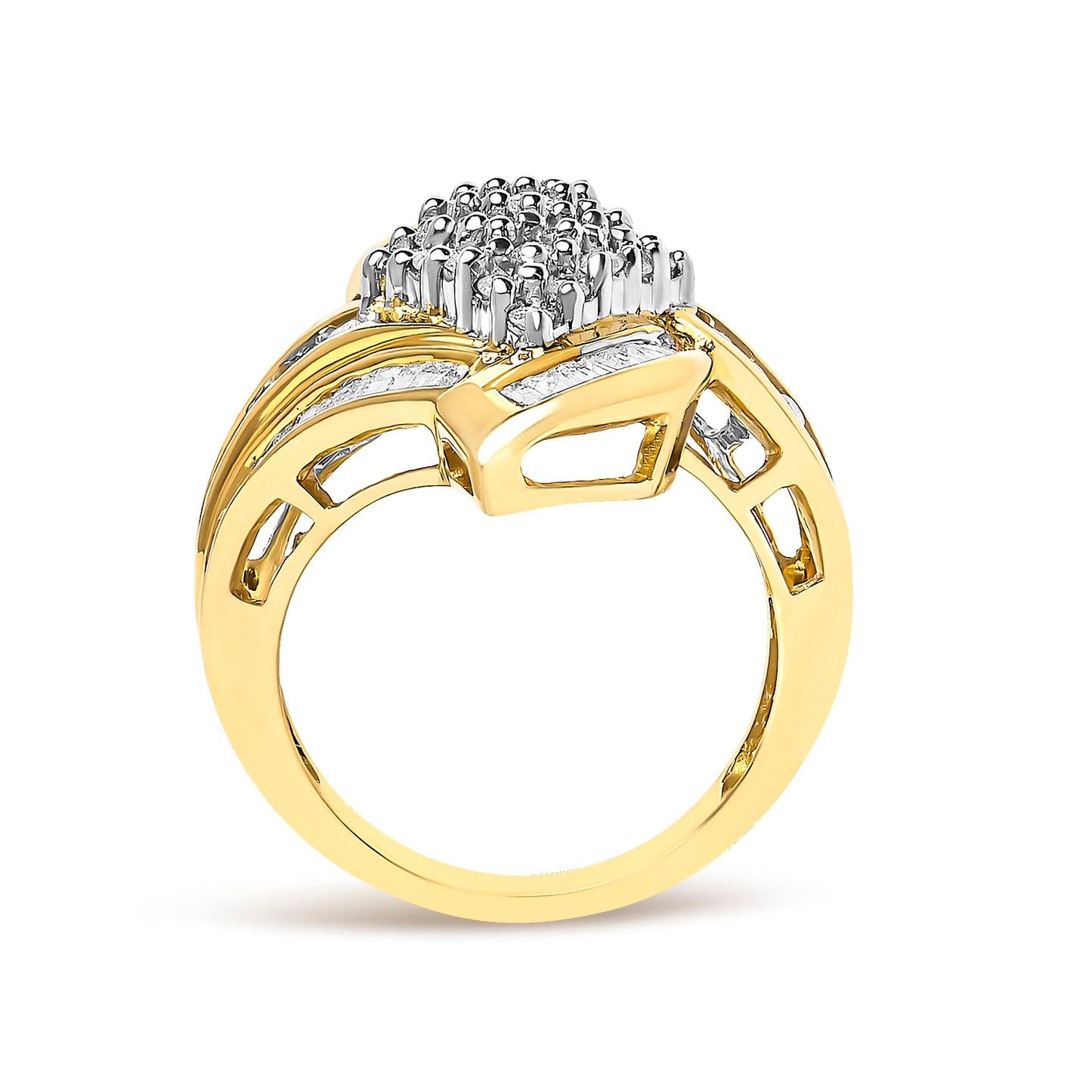 14K Yellow Gold 1-1/3 Cttw Round and Baguette Diamond Bypass Cocktail Ring