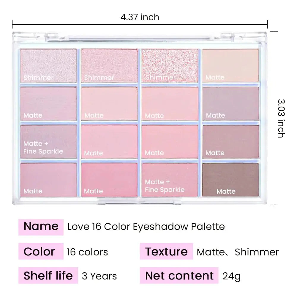 16-Color Matte Eyeshadow Palette – Pink Nude Taupe Basics, Waterproof & Ultra-Blendable