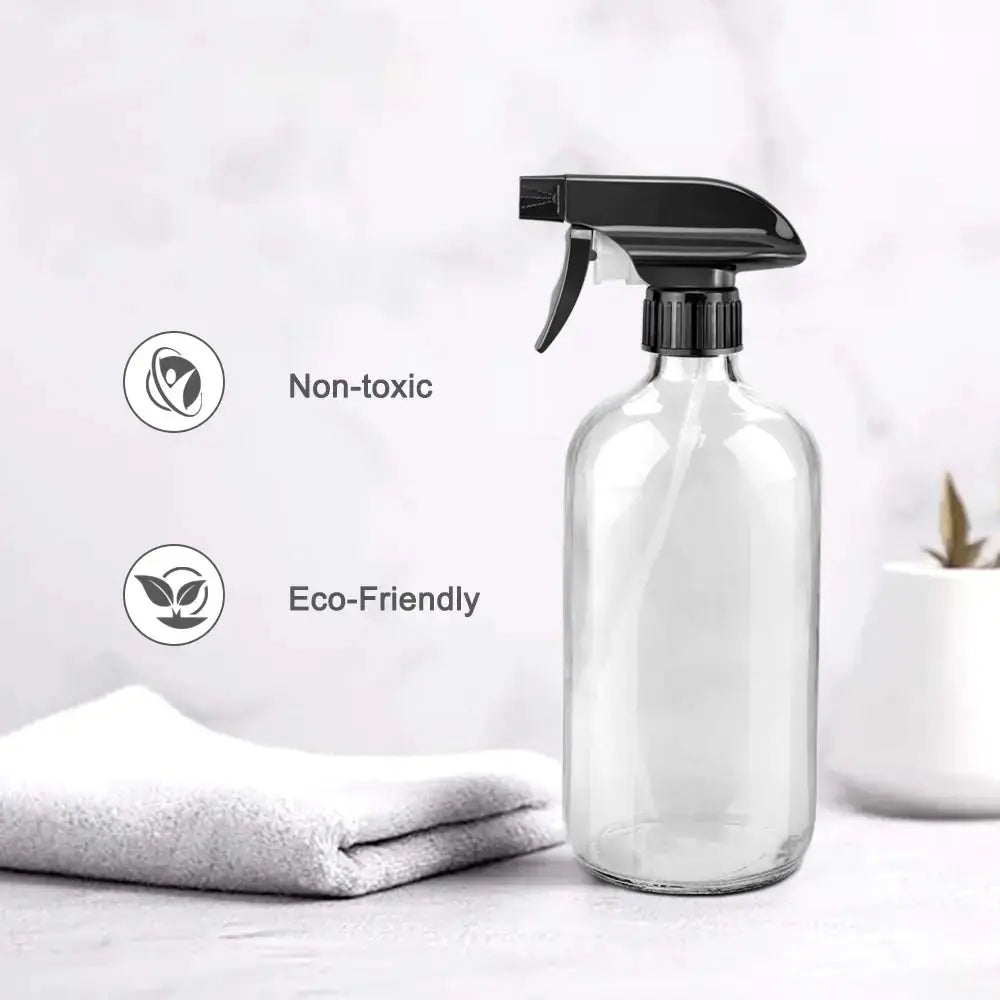 16oz Clear Glass Spray Bottles with Labels & Adjustable Nozzle – Reusable Cleaning Containers