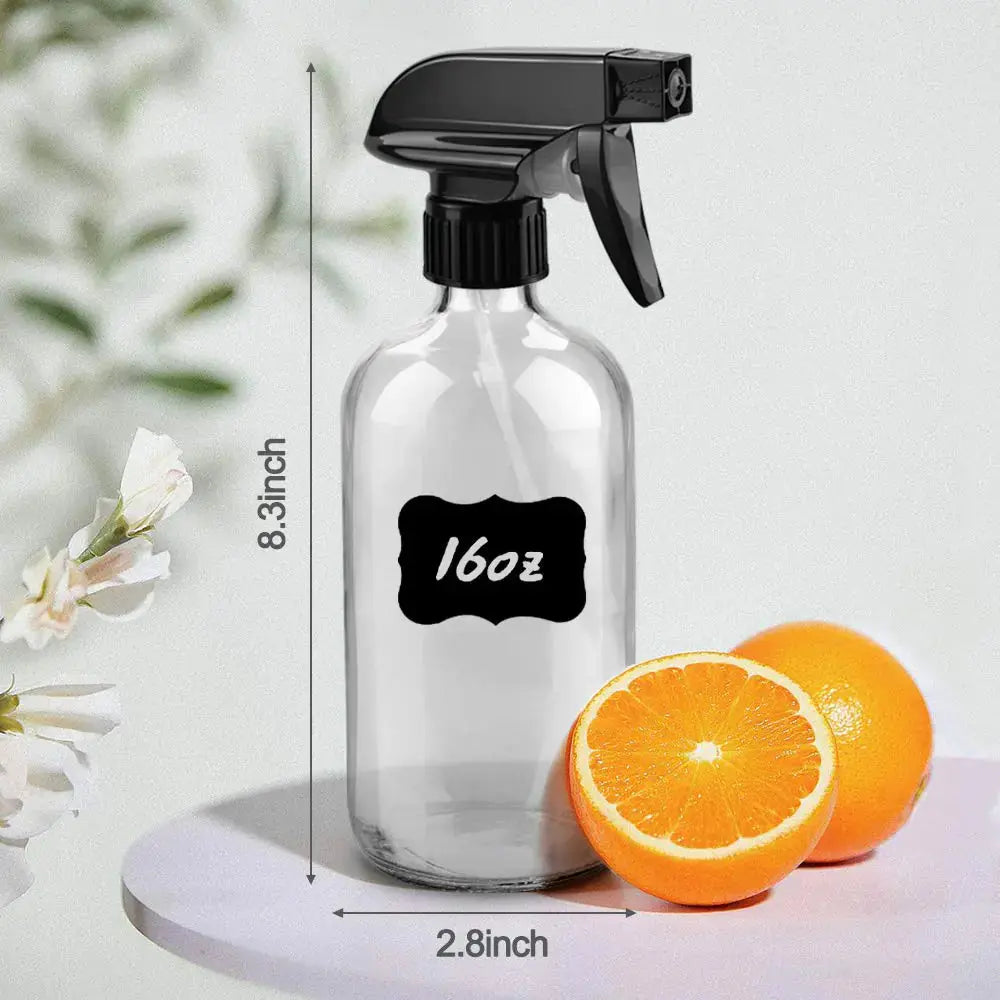 16oz Clear Glass Spray Bottles with Labels & Adjustable Nozzle – Reusable Cleaning Containers