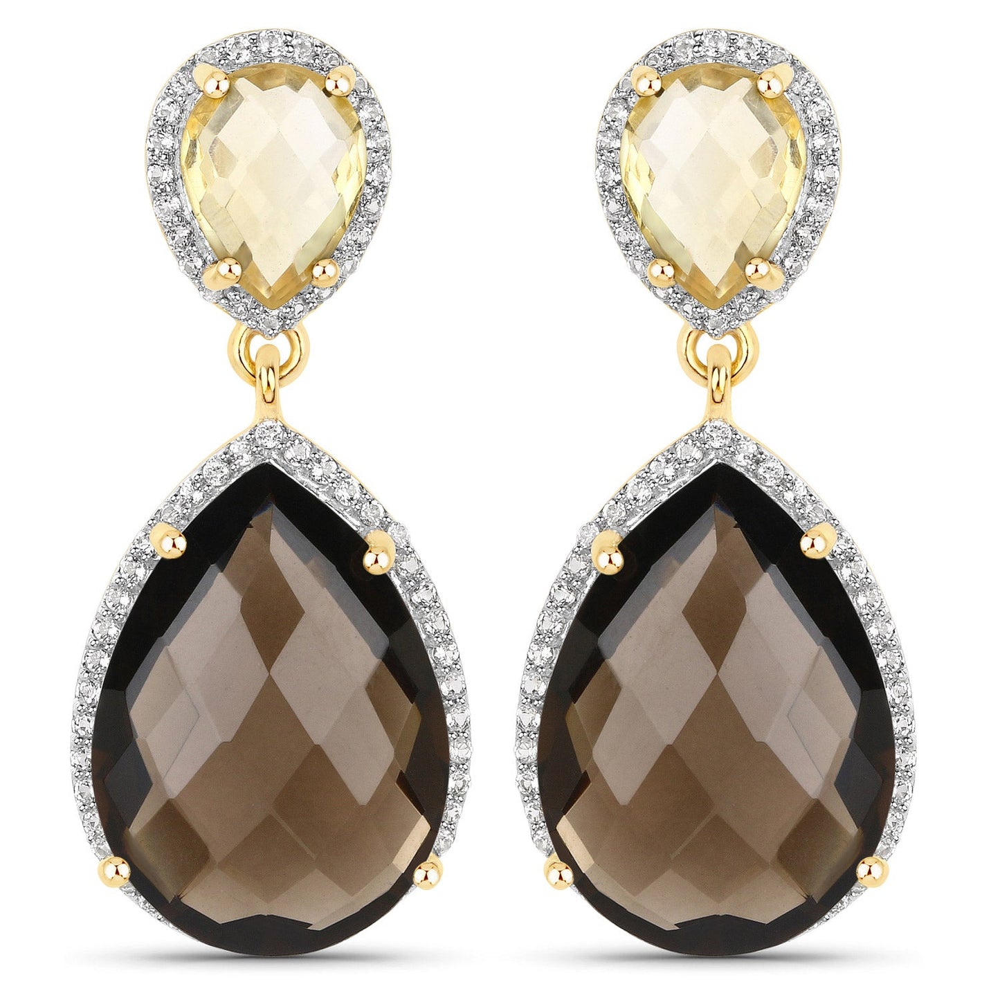 21.12 Carat Genuine Smoky Quartz, Citrine and White Topaz .925 Sterling Silver Earrings