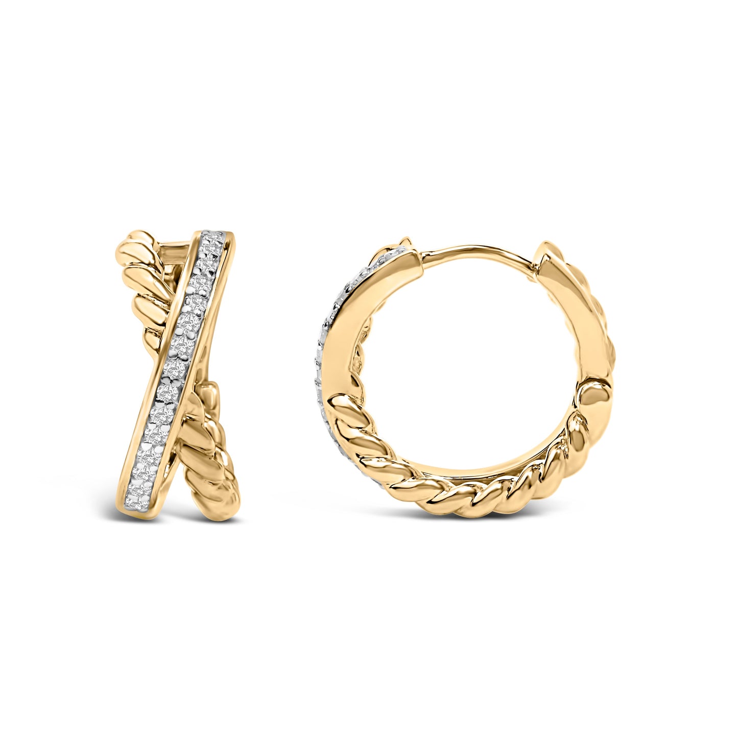14K Yellow Gold Plated Sterling Silver 1/5 Cttw Diamond Twisted Design Hoop Earrings