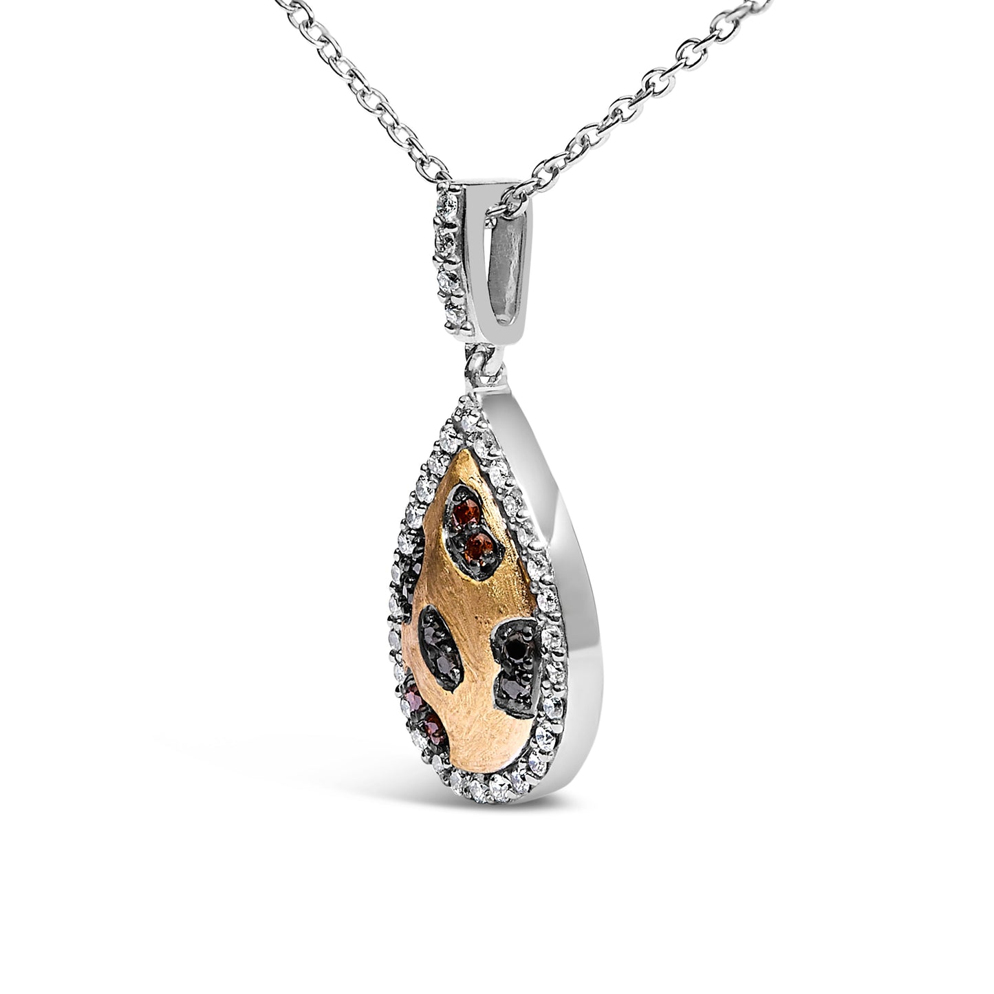 10K Yellow Gold Plated Sterling Silver Mixed Color Diamond Accent Pear Halo Pendant Necklace