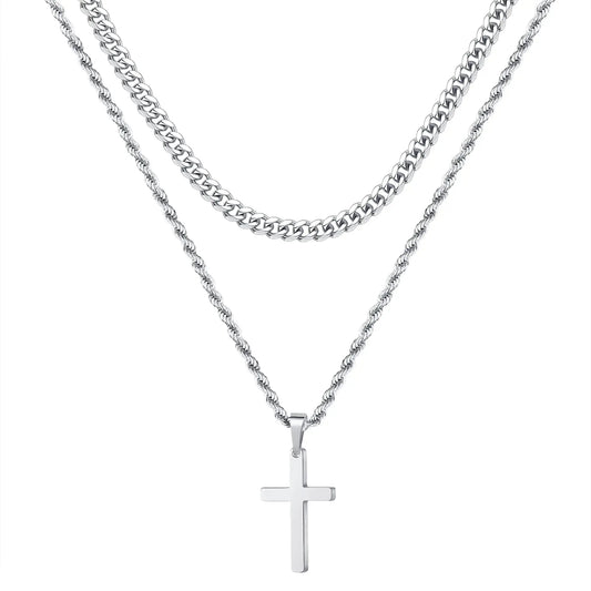 Ursteel Layered Cross Necklace for Men – 18K Gold, Silver, Black Stainless Steel – Elegant Rope Chain Cross Pendant, 16-24 Inch