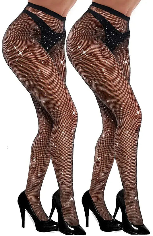 VEBZIN Sexy Sparkly Fishnets Stockings | Jeweled High Waist Fishnet Tights for Women - Rhinestone Party Pantyhose