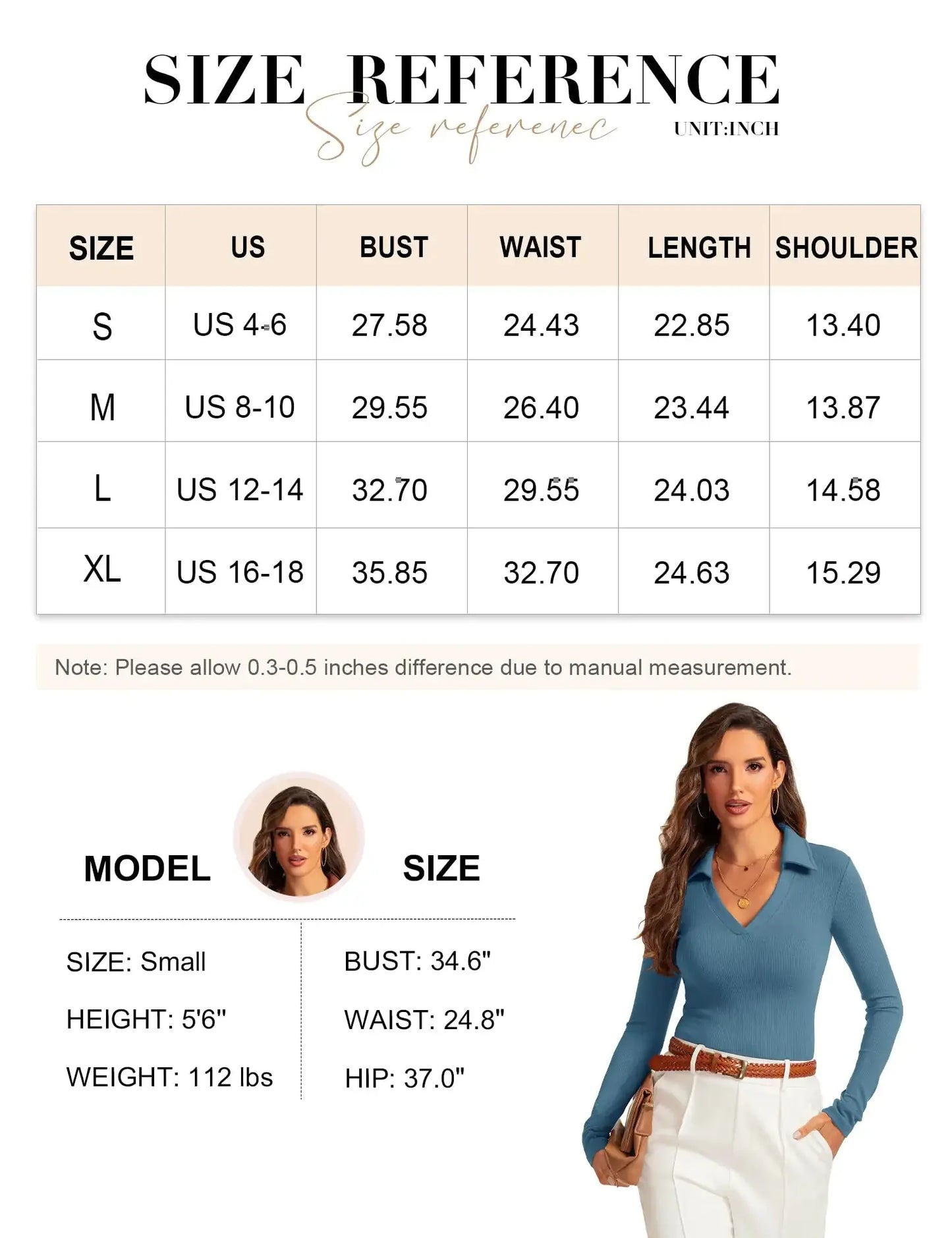 Womens Long Sleeve V Neck Polo Shirts Business Casual Collared Work Top Slim Fitted Basic 2024