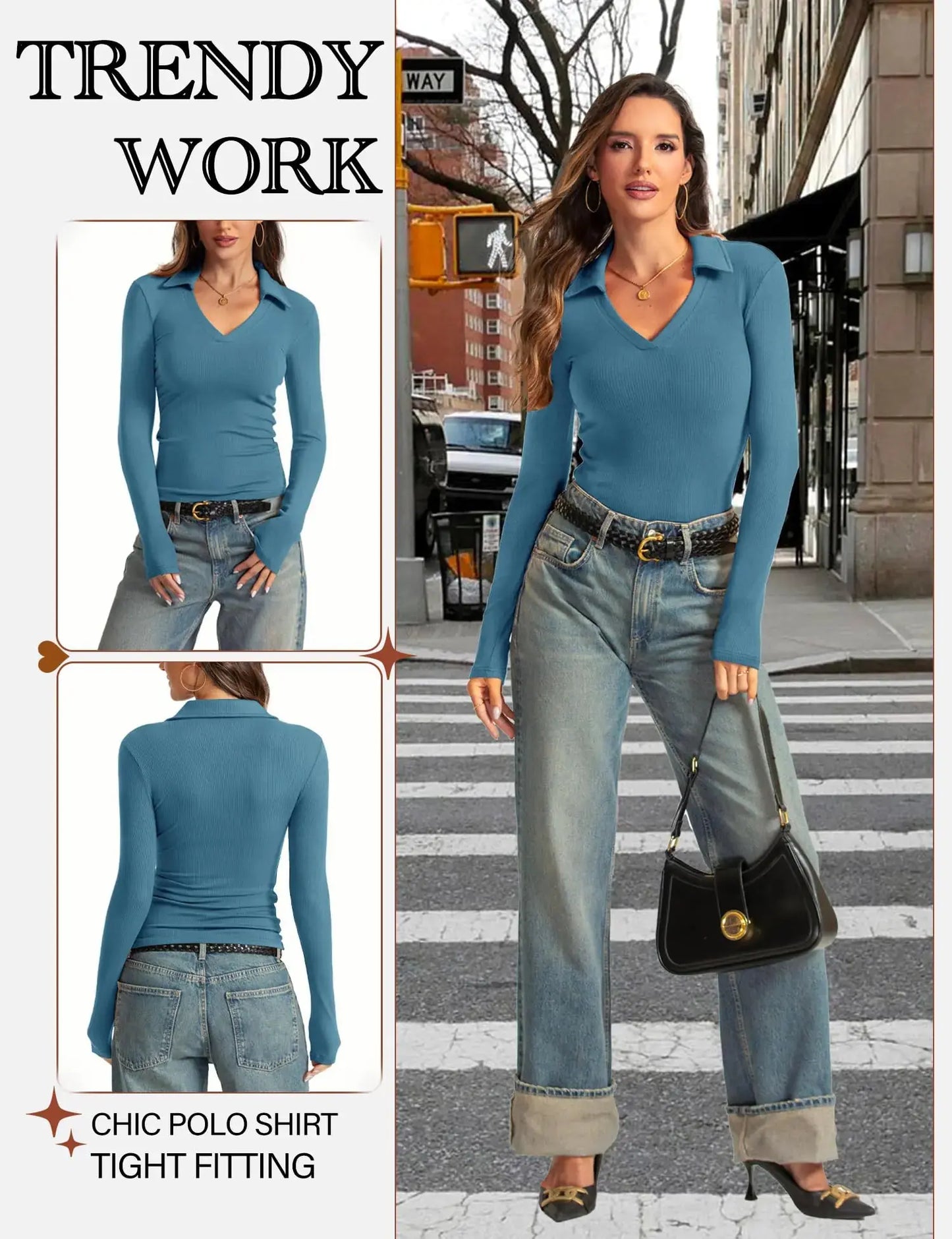 Womens Long Sleeve V Neck Polo Shirts Business Casual Collared Work Top Slim Fitted Basic 2024