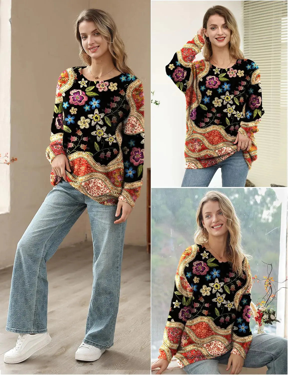 YESNO Women Ugly Christmas Sweater - Graphic Printed Oversized Pullover Sweater