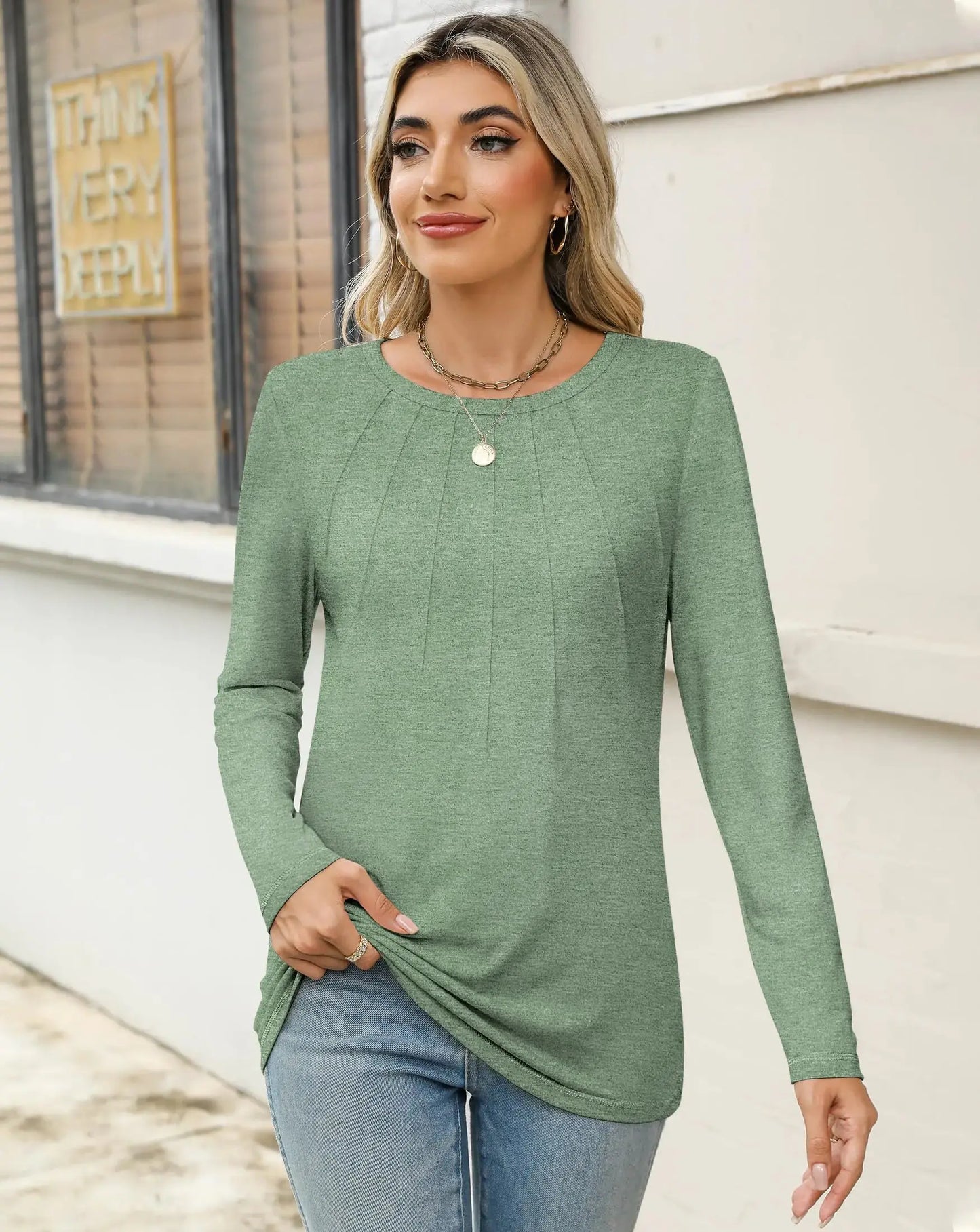 YZEGGO Women's Long Sleeve Shirts - Pleated Tunic Tops