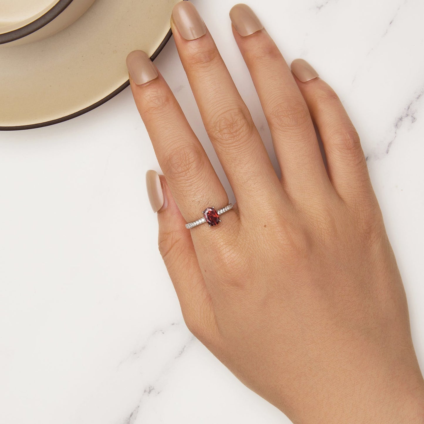 925 Sterling Silver Pavé Setting CZ Synthetic Garnet Ring for Women