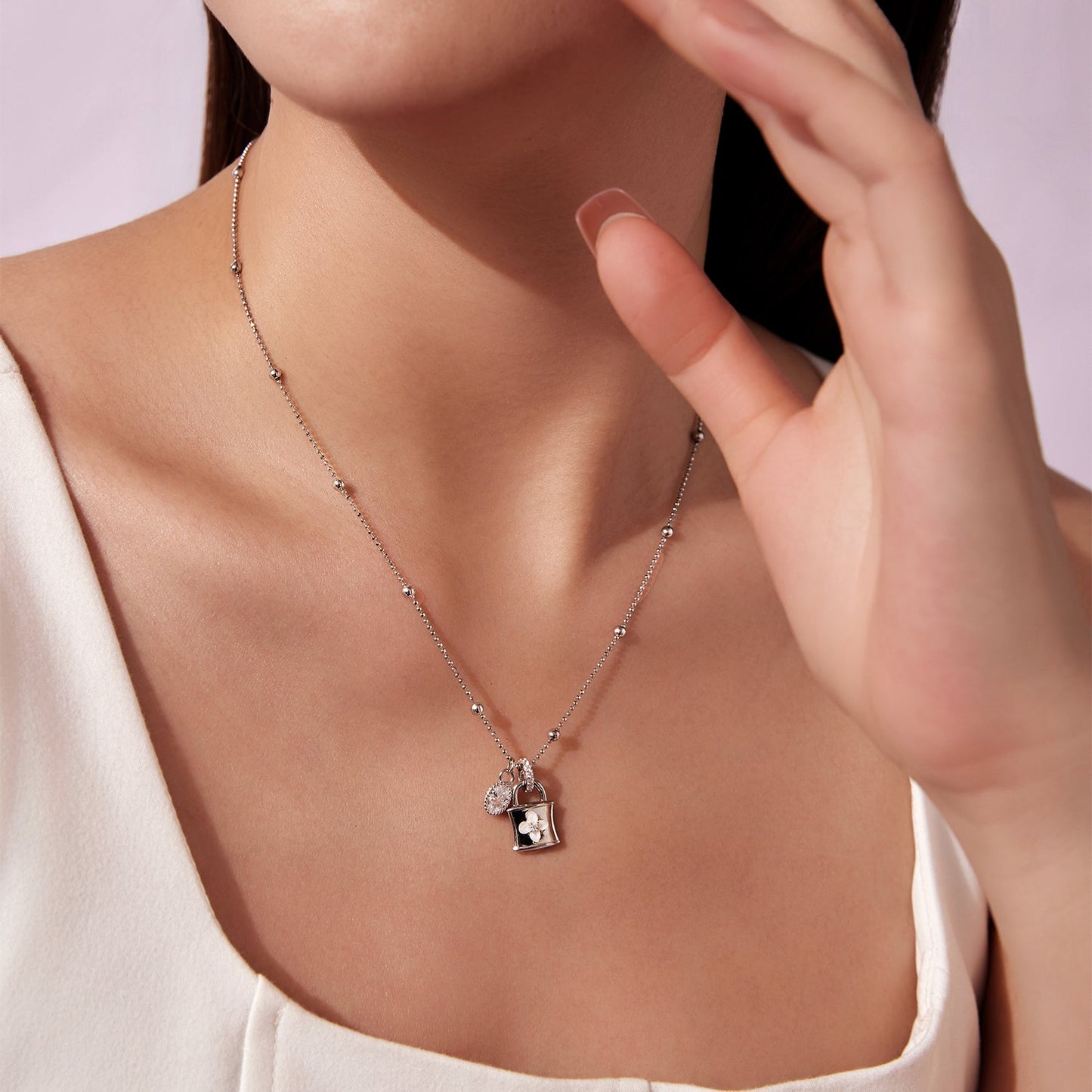 925 Sterling Silver White Gold Plated Necklace with CZ and Nacre for Women