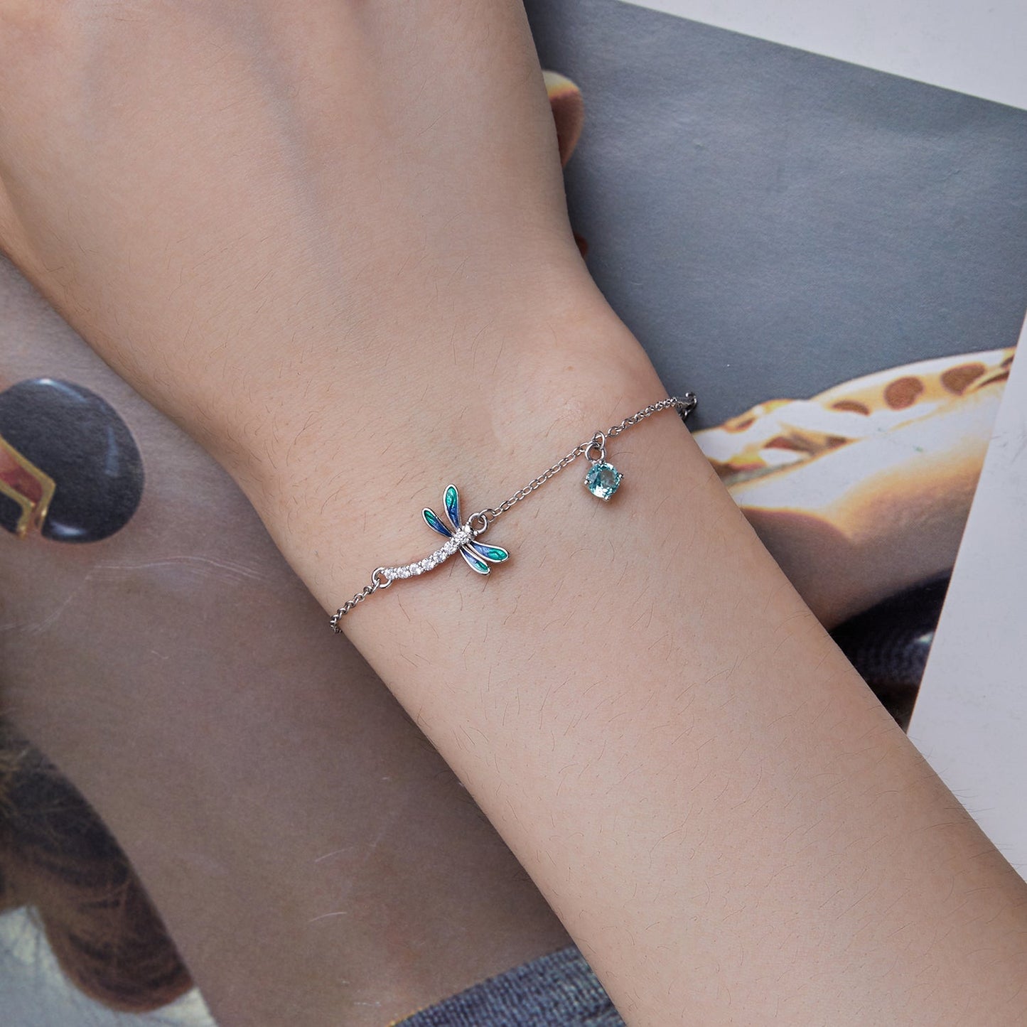 925 Sterling Silver 16.5cm+5cm Enamel Dragonfly Bracelet for Women