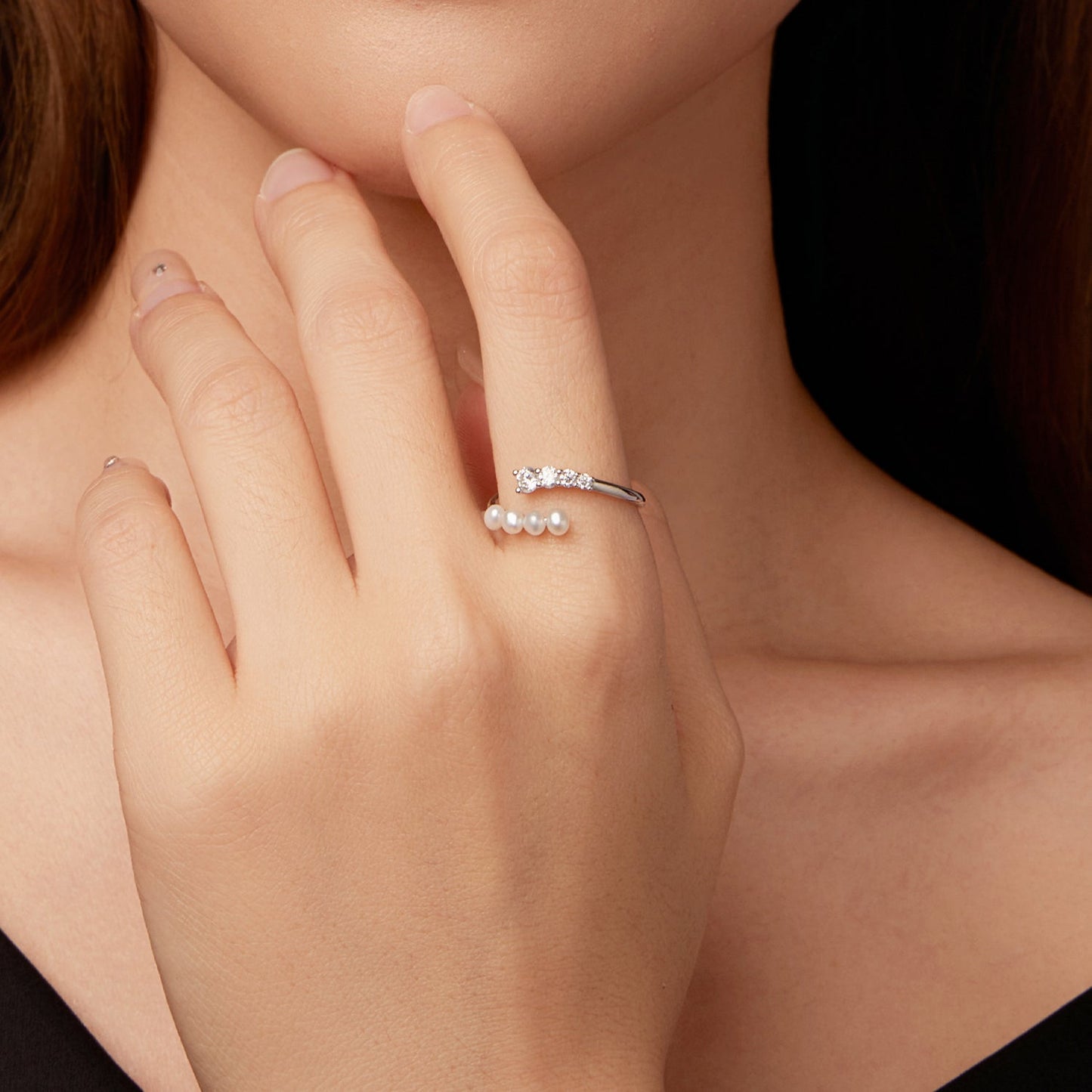 925 Sterling Silver Moissanite & Freshwater Pearl Ring, White Gold Plated, Size E for Women