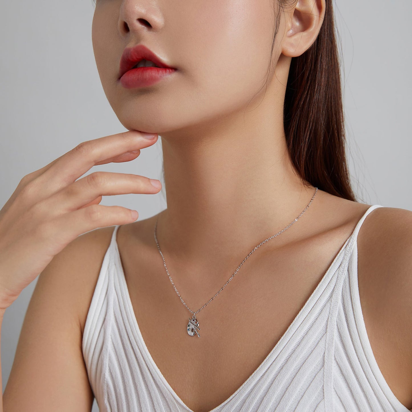 925 Sterling Silver Adjustable Pendant Necklace with CZ in Platinum Finish