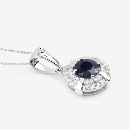 1.71 Carat Genuine Blue Sapphire and White Diamond 10K White Gold Pendant