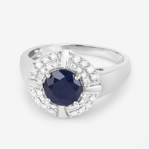 1.71 Carat Genuine Blue Sapphire and White Diamond 10K White Gold Ring