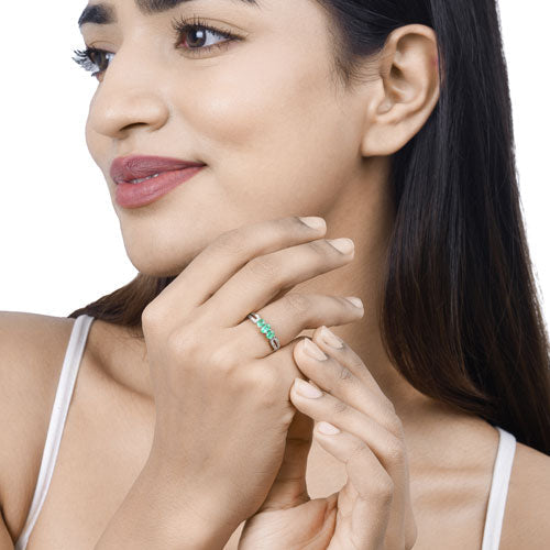 0.53 Carat Genuine Zambian Emerald and White Diamond 14K White Gold Ring