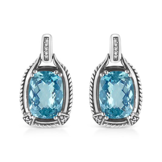 .925 Sterling Silver 14x10MM Cushion Cut Blue Topaz Gemstone and Diamond Accent Dangle Earring (I-J Color, I1-I2 Clarity)