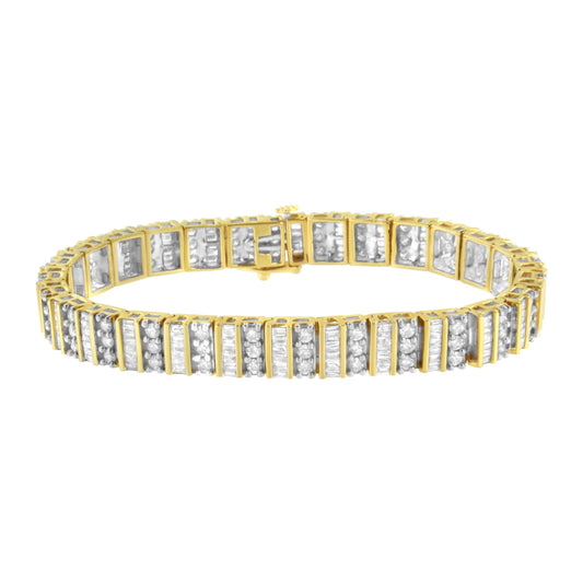 14K Yellow Gold 5.50 Cttw Round and Baguette Diamond Link Bracelet