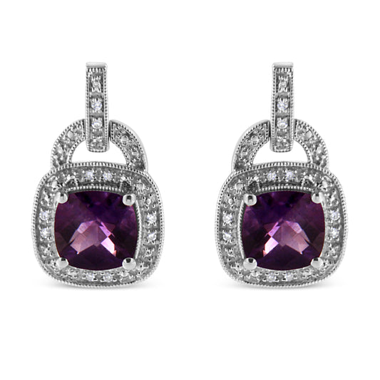 .925 Sterling Silver 8MM Natural Cushion Shaped Amethyst and Diamond Accent Halo with Push Back Dangle Earrings (I-J Color, I2-I3 Clarity)