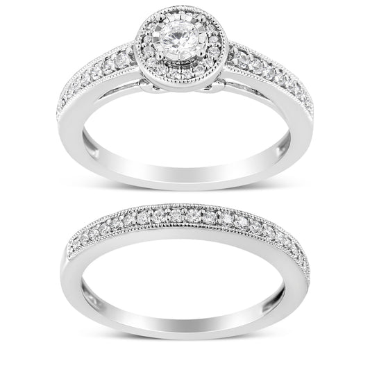 .925 Sterling Silver 1/2 Ctw Diamond Halo and Milgrain Engagement Ring Bridal Set (I-J Color, I3 Clarity) - Ring Size 7