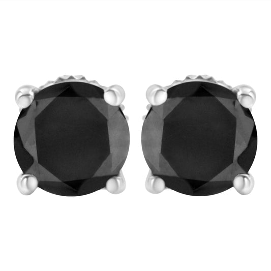 14K White Gold 2.00 Cttw Round Brilliant-Cut Black Diamond Classic 4-Prong Stud Earrings with Screw Backs (Fancy Color-Enhanced, I2-I3 Clarity)