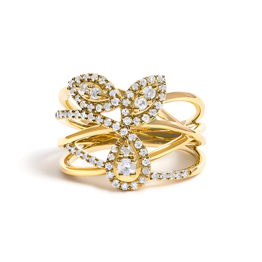 10K Yellow Gold 1/2 Cttw Diamond Crossover 3 Leaf Floral Cocktail Ring Band (H-I Color, SI1-SI2 Clarity)  - Size 7