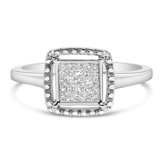 .925 Sterling Silver 1/5 Cttw Invisible Set Princess Cut Diamond Promise Ring with Beaded Halo (H-I Color, I1-I2 Clarity) - Ring Size 7