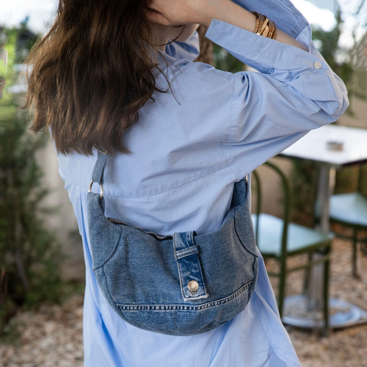 Brooklyn Crescent / Upcycled Denim Crossbody Light Blue