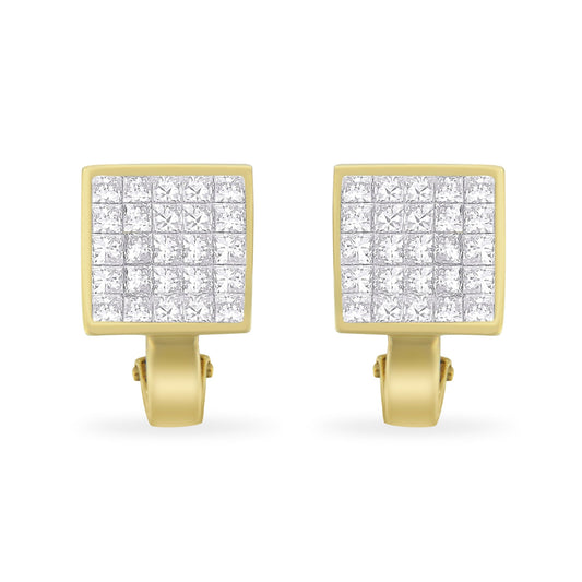 14K Yellow Gold 3-1/5 Cttw Princess Cut Diamond Â¾ Square Invisible Set Grid Huggy Style Omega Back Stud Earrings (G-H Color, VS1-VS2 Clarity)