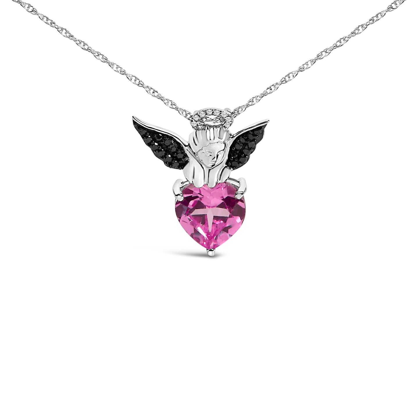 Sterling Silver Diamond Accent & Created Pink Sapphire Angel Heart Pendant Necklace