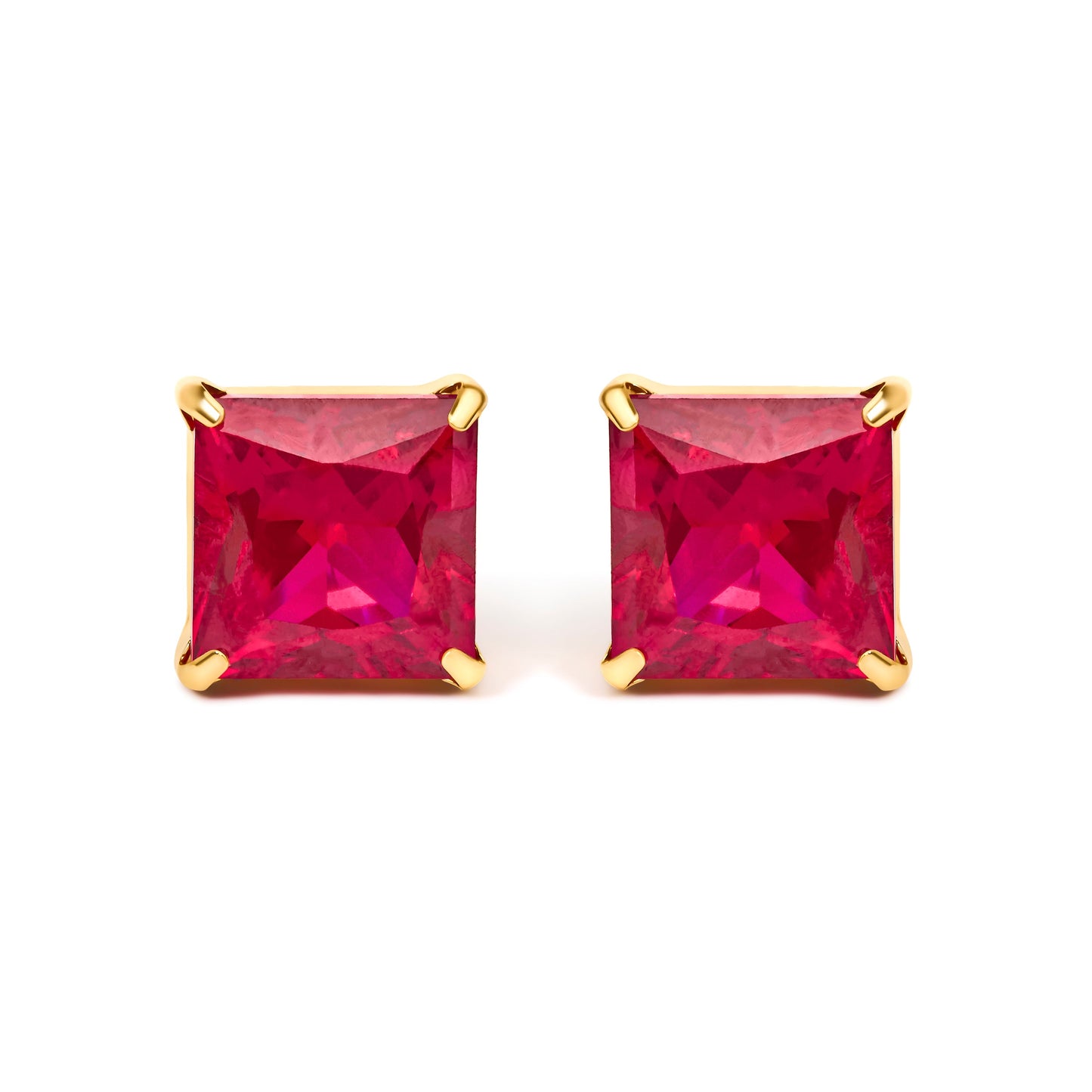 18K Yellow Gold 7x7 MM Created Red Ruby Princess Cut Solitaire Stud Earrings