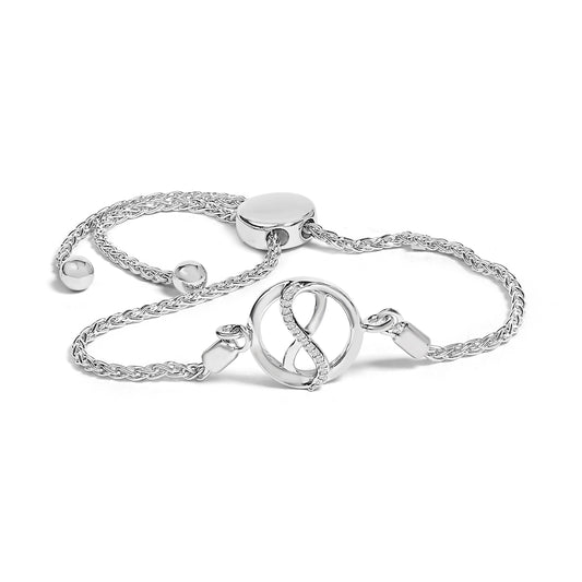 .925 Sterling Silver Diamond Accent Ribbon and Circle Bolo Adjustable Bracelet
