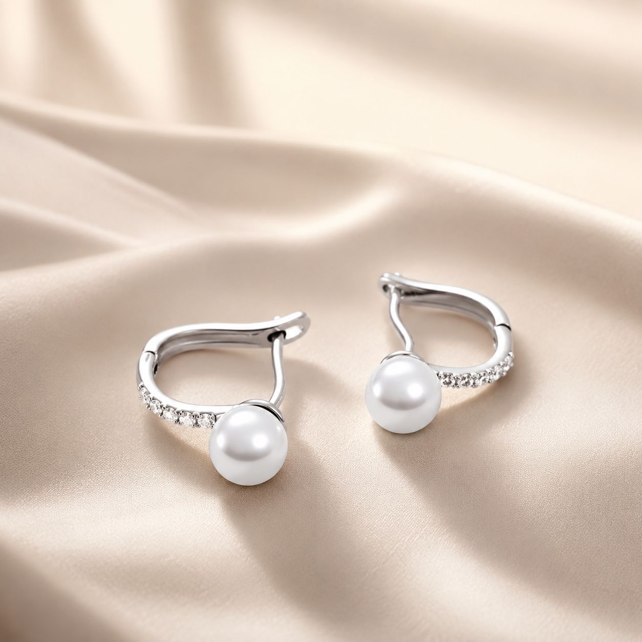 925 Sterling Silver Earrings with Pavé Setting CZ and Shell Pearl, 1.4*0.6cm for Women