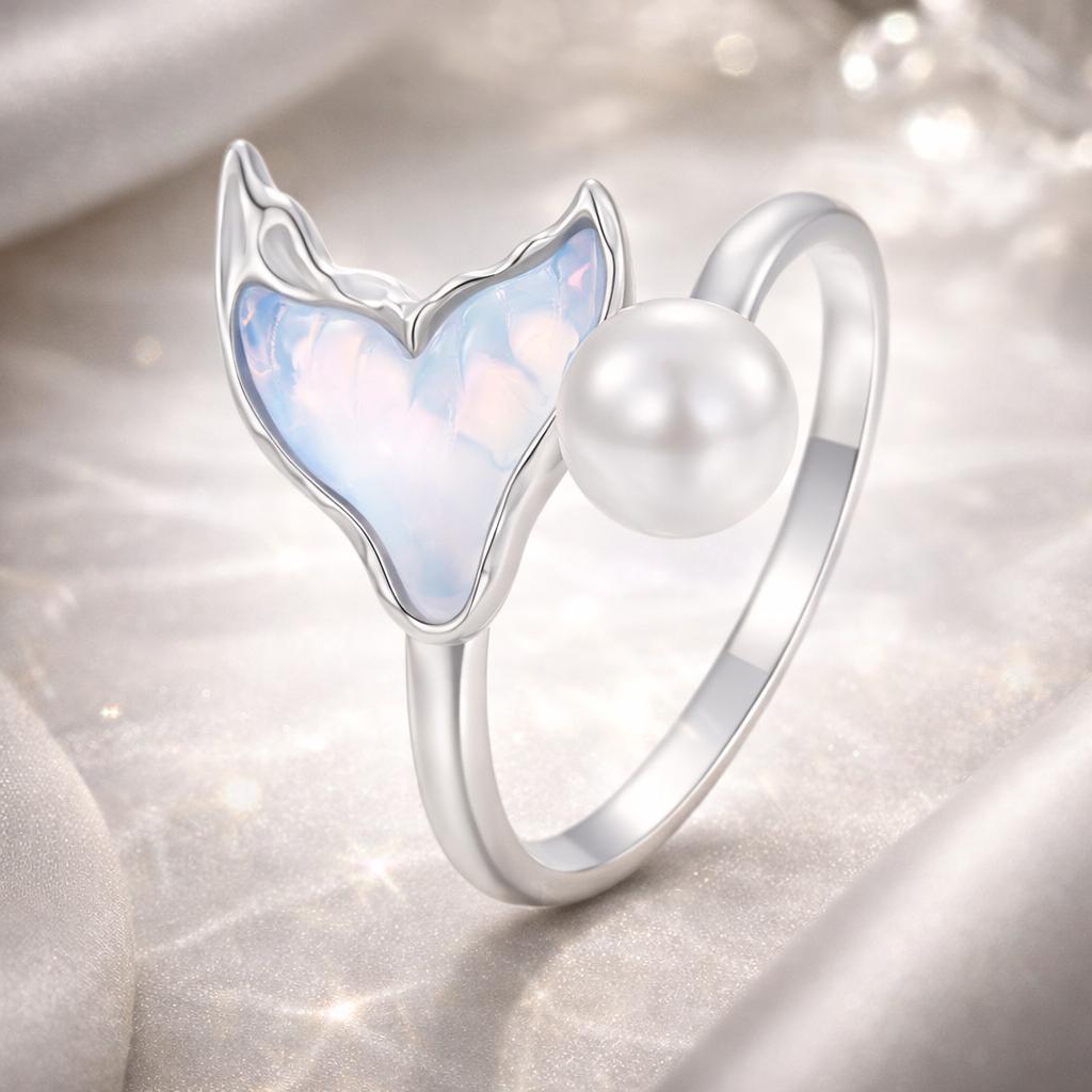 925 Sterling Silver Ring with Shell Pearl and Transparent Glass