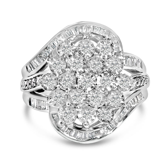 Sterling Silver 1.0 Cttw Diamond Swirl Cluster Cocktail Ring