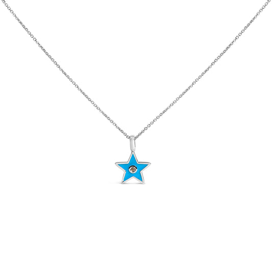 Sterling Silver Blue Enamel and Diamond Accent Star Pendant Necklace