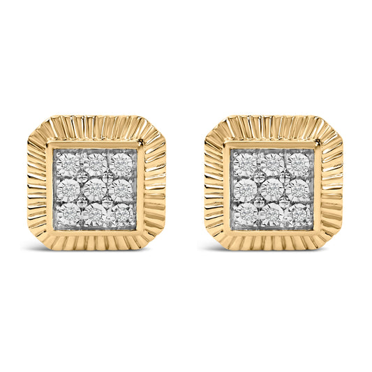 10K Yellow Gold Plated .925 Sterling Silver 1/6 Cttw Diamond Textured Halo Stud Earrings