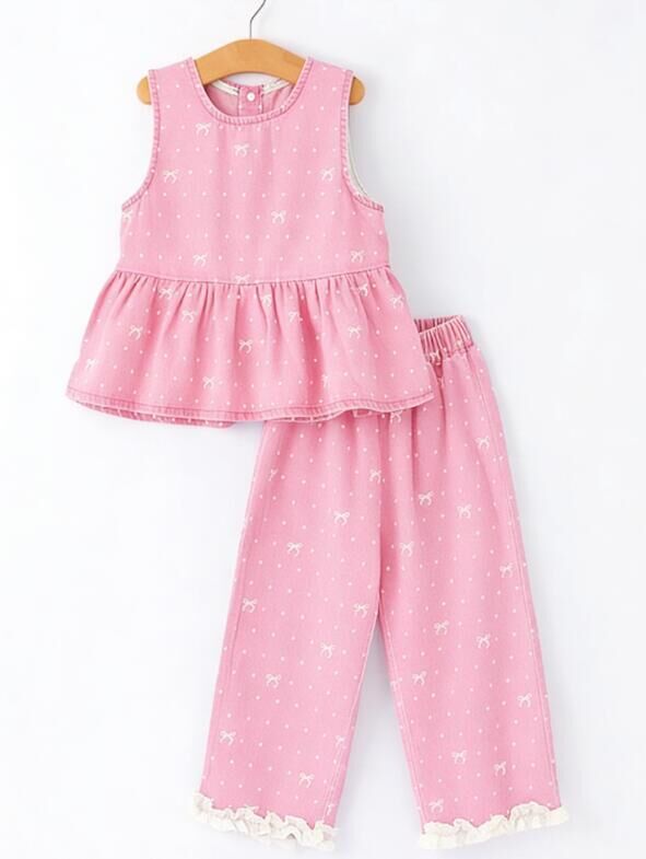 Spring Bow Dot Denim Ruffle Top and Pants Set 3/4 Pants