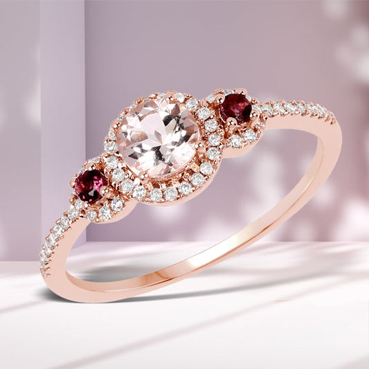 0.63 Carat Genuine Morganite, Pink Tourmaline and White Diamond 14K Rose Gold Ring