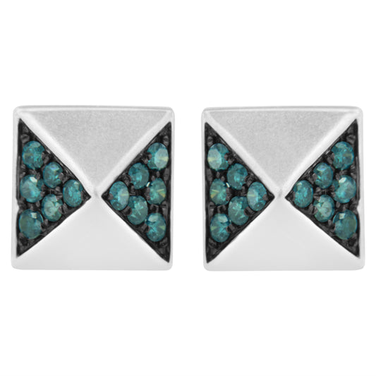 14K White Gold 1/4 Cttw Treated Blue Diamond Pyramid Stud Earring (Blue Color, SI1-SI2 Clarity)