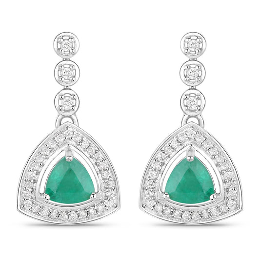 1.39 Carat Genuine Zambian Emerald and White Diamond 14K White Gold Earrings