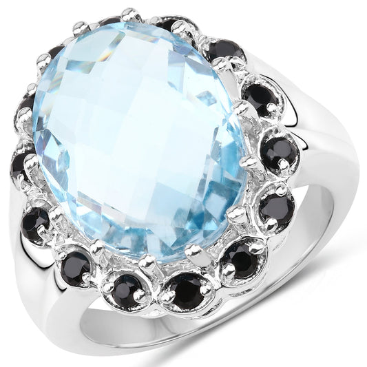 12.49 Carat Genuine Blue Topaz & Black Spinel .925 Sterling Silver Ring