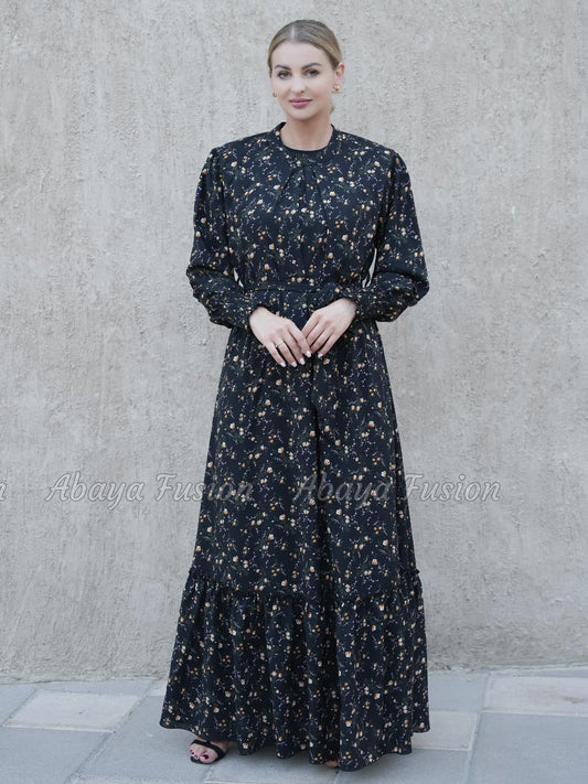 Long Dress with Floral Print in black