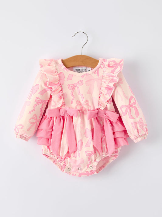 Girls Pink Bow Print Long Sleeves Romper