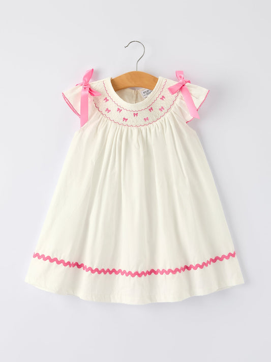 Spring White Girls Dress with Pink Bow Embroidery