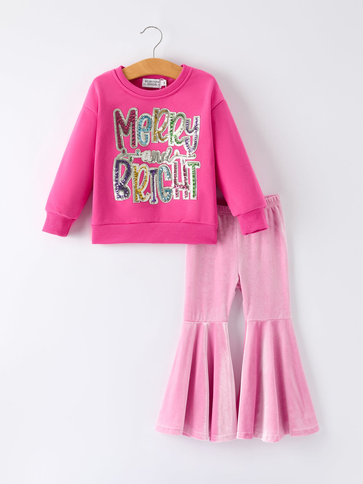 Toddler Girls Christmas Outfit – Pink Merry Bright Top and Bell Pants