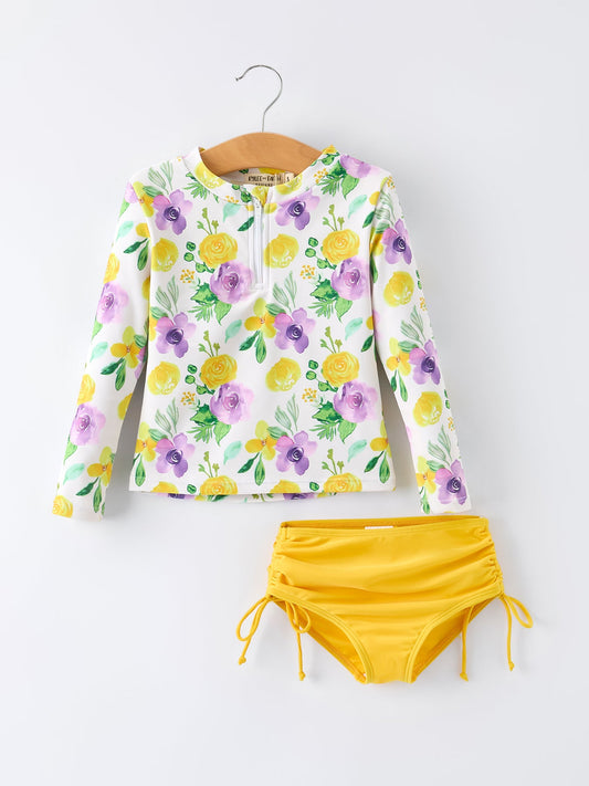 Summer Yellow Floral Print Girls Long Sleeve Swim Set
