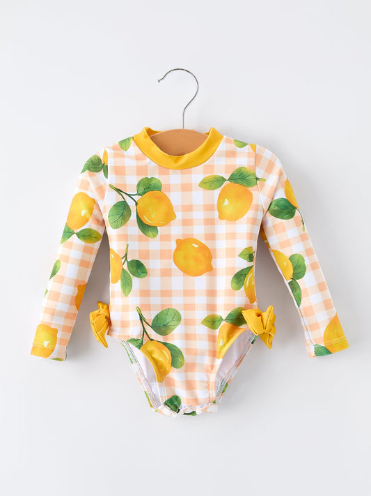 Lemon Print Long Sleeve Girls One Piece Swimsuit