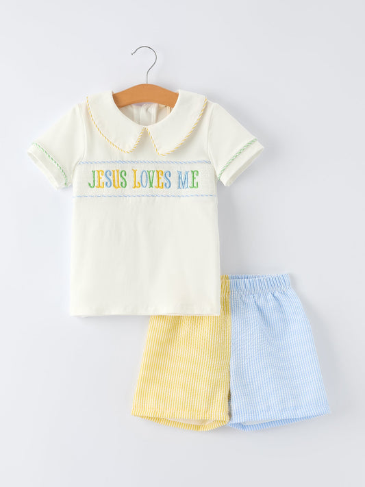 "Jesus Loves Me "Embroidered Toddler Boys'Set